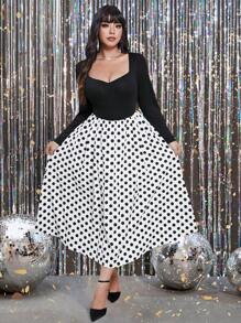 Franclia Plus Size Women Vintage Polka Dot Long Sleeve Dress, Black And White, Autumn