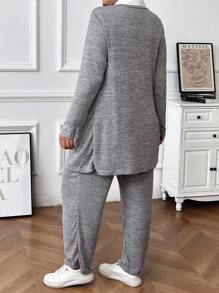 SHEIN LUNE Set de 2 piezas de top y pantalones de unicolor con cuello redondo para mujer talla grande, otoño/invierno - Gris - Ver 2