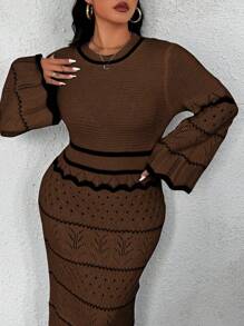 Flirla Plus Size Crew Neck Long Sleeve Solid Color Patchwork Simple Casual Sweater Dress, For Winter - Multicolor - View 3