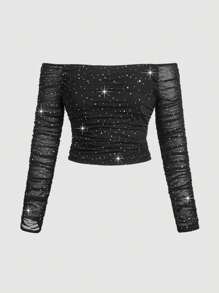 SHEIN MOD 1pc Women Plus Size Off-Shoulder Mesh Long Sleeve Casual Blouse, Everyday Wear,Valentine Day