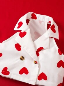 SHEIN Elladie kids 2pcs Young Girl Sleeveless Heart Print Simple Button Front Top And Mini Skirt Set - Multicolor - View 5