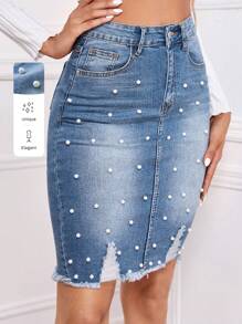 SHEIN Privé Falda mezclilla descolorida bajo crudo con cuenta con perla - Lavado ligero - Ver 6