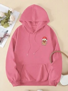 SHEIN EZwear Áo sweatshirt dài tay dáng rộng in khẩu hiệu chủ đề Giáng sinh dành cho nữ, kiểu dáng thường ngày, vai rớt. - Hồng - Xem 3