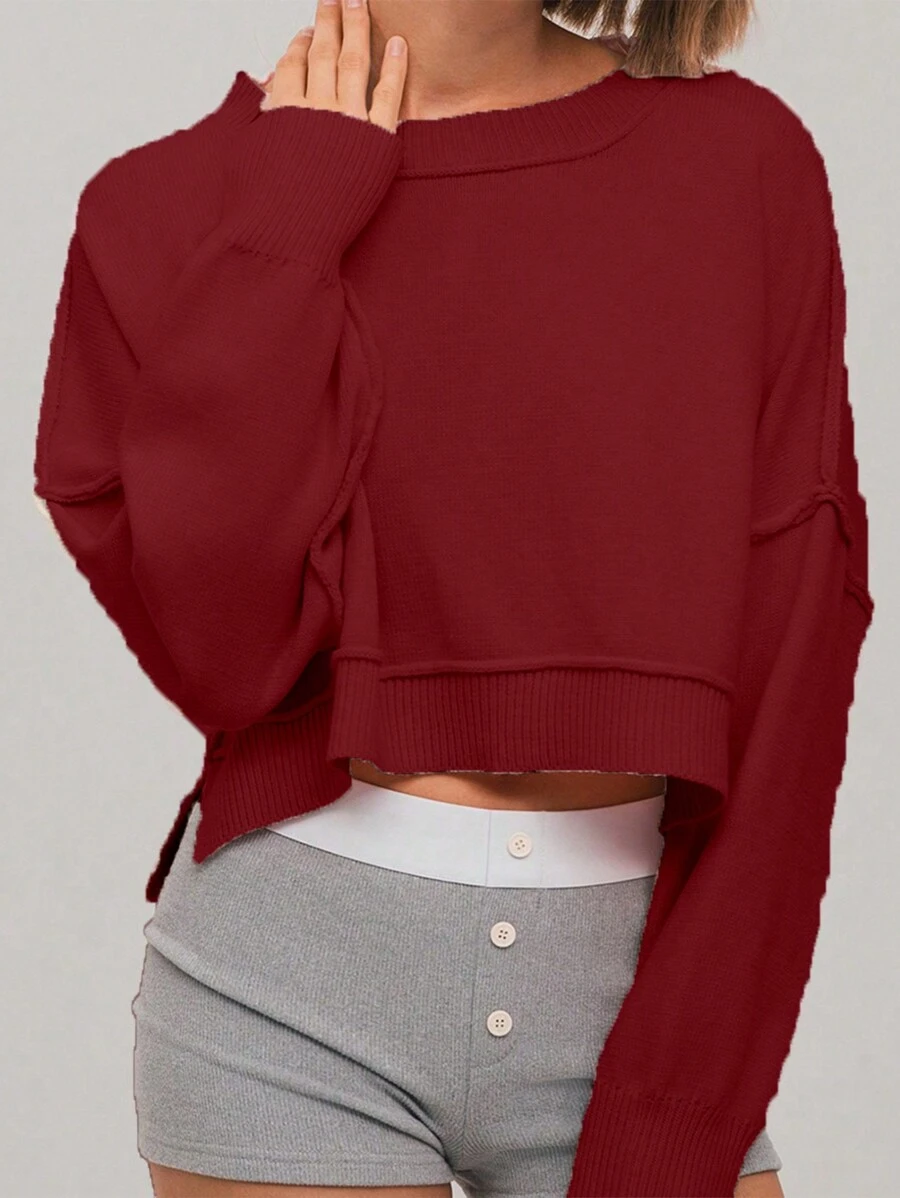 SHEIN Unity 女士纯色落肩红色长袖休闲毛衣，秋冬针织套头衫 - 酒紅色 - 查看 1