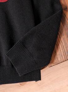 Mädchen Niedlicher Kirsch-Grafik Strickpullover, modischer lässiger Langarm Rundhals Pullover für Tween-Mädchen Herbstkleidung - Schwarz - Übersicht 6