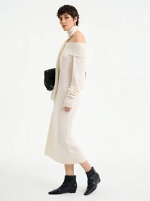 Aalyst Women Casual Asymmetric Collar Solid Color Knitted Sweater Dress, Autumn/Winter