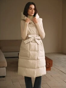 Anewsta Thick Long Sleeveless Waist-Drawn Horizontal Seam Vest Women's Coat