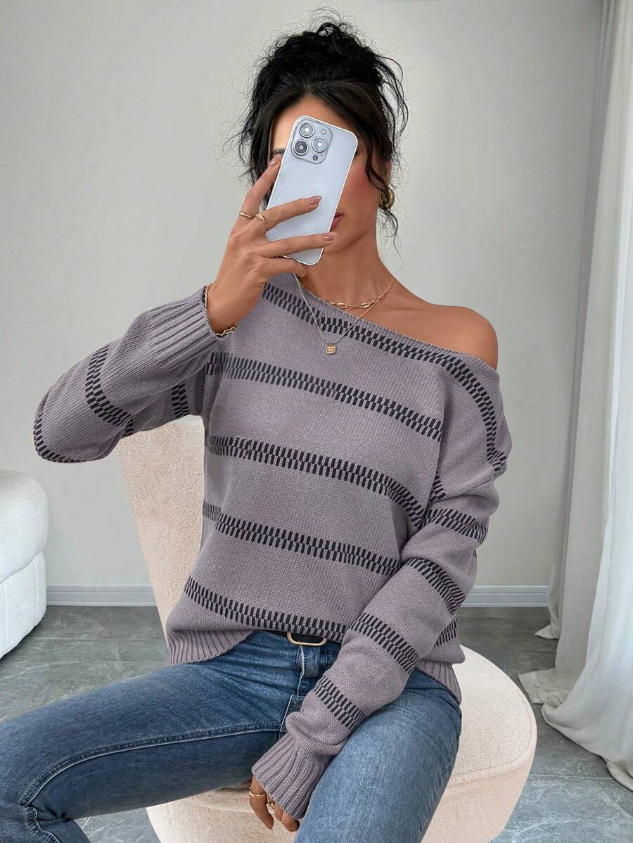 SHEIN Unity Women's Vintage Striped Contrast Color Knitted Sweater, Long Sleeve Pullover Fall Winter - Multicolor - View 1