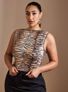 SHEIN BAE Áo ba lỗ đính hạt họa tiết da báo không tay cỡ lớn thời trang thu đông cho nữ, thích hợp cho buổi tối hẹn hò, đi chơi, tiệc tùng, thời trang và gợi cảm - màu nâu - Xem 4