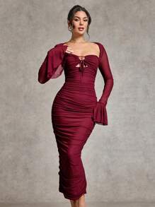 SHEIN BAE Vestido de fiesta de manga larga con diseño hueco elegante para invierno y Navidad, color rojo vino, adecuado para citas románticas, eventos formales y fiestas