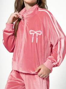 SHEIN Conjunto de 2 piezas para niña preadolescente casual y de moda, compuesto por sudadera con capucha con cremallera y bordados de lazos, y pantalones, para el otoño