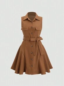 Sweetra Váy sơ mi bó sát không tay thắt eo, giản dị và thời trang cho trang phục hàng ngày bằng vải nhung kẻ dành cho nữ - Rỉ Nâu - Xem 1