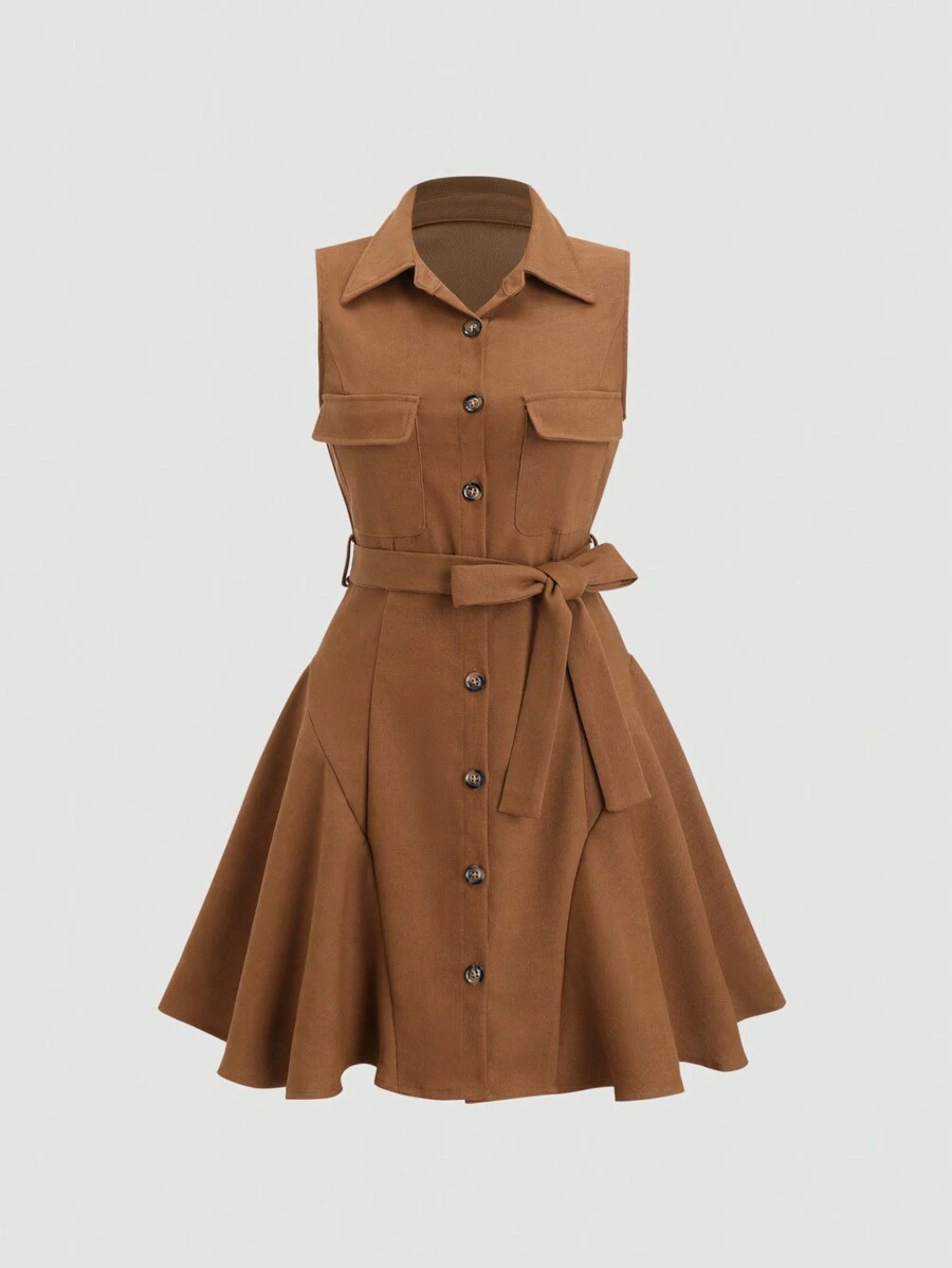 Sweetra Váy sơ mi bó sát không tay thắt eo, giản dị và thời trang cho trang phục hàng ngày bằng vải nhung kẻ dành cho nữ - Rỉ Nâu - Xem 1