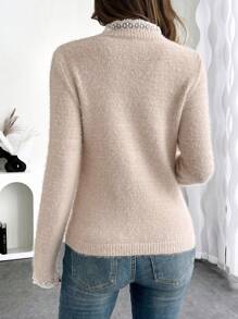 Pariaura 时尚甜美蕾丝领柔软蓬松仿貂毛套头毛衣，秋冬季长袖上衣，针织套头衫 - 杏色 - 查看 2