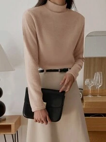 DAZY Women Stand Collar Long Sleeve Solid Color Casual T-Shirt, Fashionable And Suitable For Daily Wear