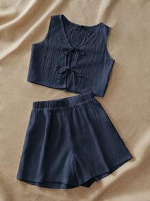 SHEIN VCAY VCAY 度假编织拼布设计方领短袖 A 字裙女士连衣裙美国背心套装蝴蝶结上衣 - 藏蓝色 - 查看 5