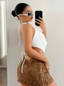 SHEIN ICON 系带纯色露背低胸垂褶领无袖性感背心新年夜外出上衣 - 白色 - 查看 4