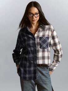 Aveloria Affinna Blusa de manga larga con diseño asimétrico a cuadros, suelta y oversize con hombros caídos, estilo casual y versátil, con un aspecto relajado y elegante, que se puede usar sola o como camisa abotonada, para mujer, ideal para el Día de San Valentín, primavera/verano