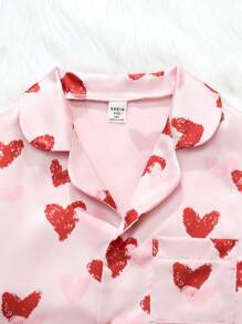 SHEIN Tween Girls Pink Cute Heart Satin Fabric Pants And Long Sleeve Casual Loose 2pcs Pajama Set