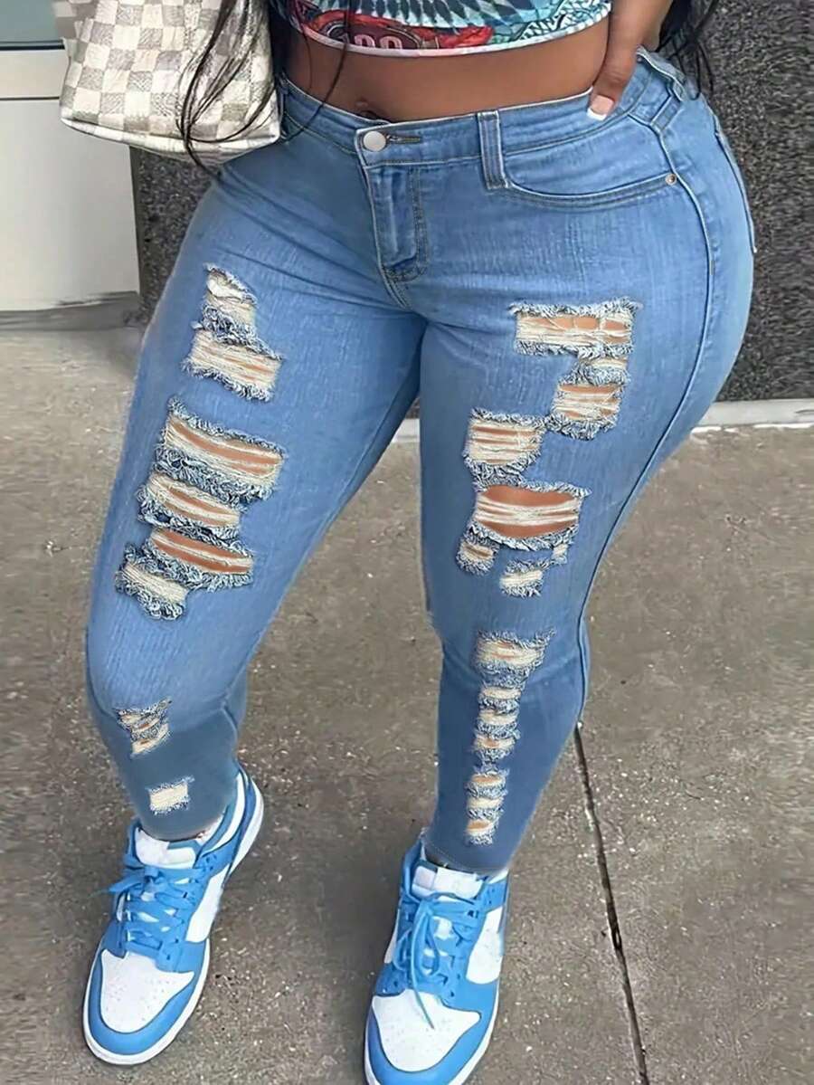 Women Streetwear Light Blue Distressed Ripped Skinny Jeans