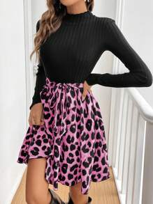 SHEIN Frenchy Women's Solid Color Patchwork Stand Collar Long Sleeve Front Tie Simple Casual Short Dress