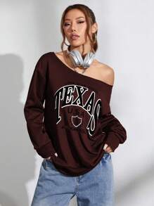 Flirla 1 pieza Sudadera casual con hombros descubiertos con letras en inglés de estilo elegante