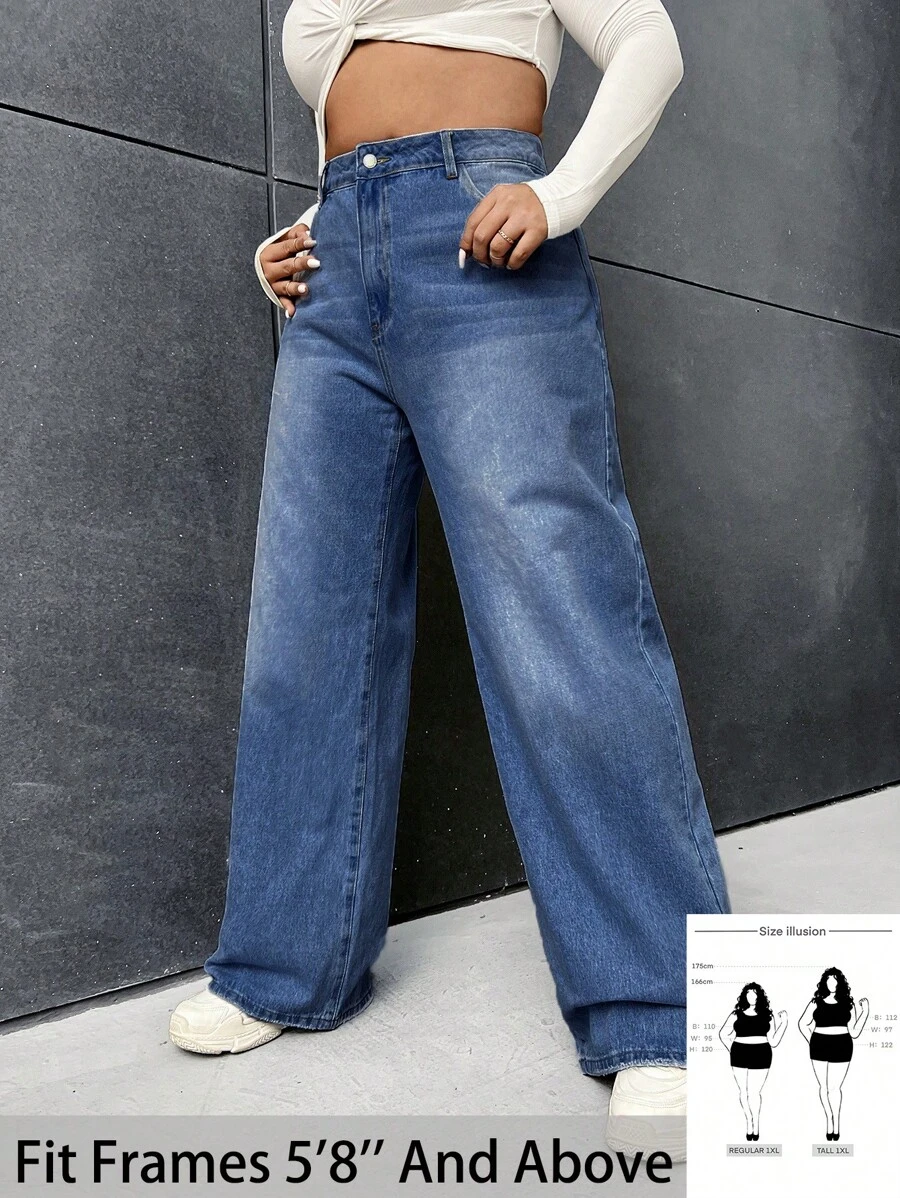 SHEIN Tall CURVE Plus Size Women's Casual Basic Blue Loose Denim Long Pants - Blue - View 1