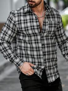 Manfinity LEGND Camisa casual de manga larga con botones delanteros, bolsillo parche y estampado de cuadros, camisa de salida con cuello casual, versátil para hombres