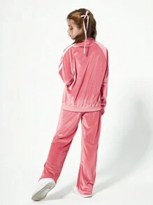 SHEIN Conjunto de 2 piezas para niña preadolescente casual y de moda, compuesto por sudadera con capucha con cremallera y bordados de lazos, y pantalones, para el otoño
