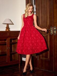 Vintamour Vestido vintage elegante de mujer con cuello en V sin mangas, estampado floral jacquard, con lazo en la cintura, corte evasé, mini para primavera y verano, ropa de mujer para invierno, conjunto de Acción de Gracias, atuendo navideño, vestido rojo de Navidad, vestido de Fin de Año, vestido de Acción de Gracias, vestido de vacaciones, vestido de invierno.