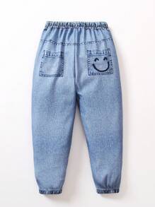 SHEIN 年轻男孩休闲抽绳腰带字母和笑脸印花慢跑裤，时尚春秋街头服饰