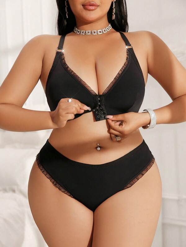 2pcs Set Plus Size Leopard Print Front Clasp Comfortable Lingerie Set