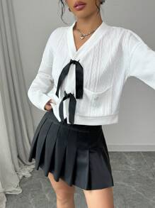 SHEIN Unity 蝴蝶结撞色口袋纹理卫衣套头衫秋季 - 白色 - 查看 3