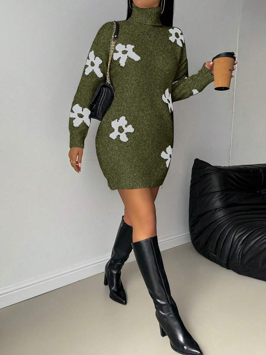 Chiquease Women's Elegant Floral Pattern Turtleneck Drop Shoulder Loose Fit Sweater Dress, Autumn/Winter - Green - View 1