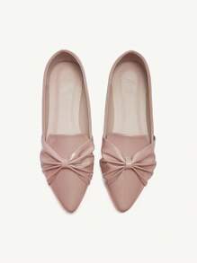 CUCCOO CHICEST Fashionable Lotus Root Pink PU Bowknot Pointed Toe Flat Loafers, Comfortable Light Weight For Commute, Dating And Shopping Valentine Day - Dusty Pink - View 5