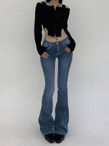 DAZY Jeans longs en denim évasé taille basse et coupe slim pour femmes