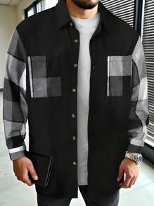 Manfinity Homme Men Front Buttons Solid Color Splicing Long Sleeve Pocket Casual Top - Black and White - View 1