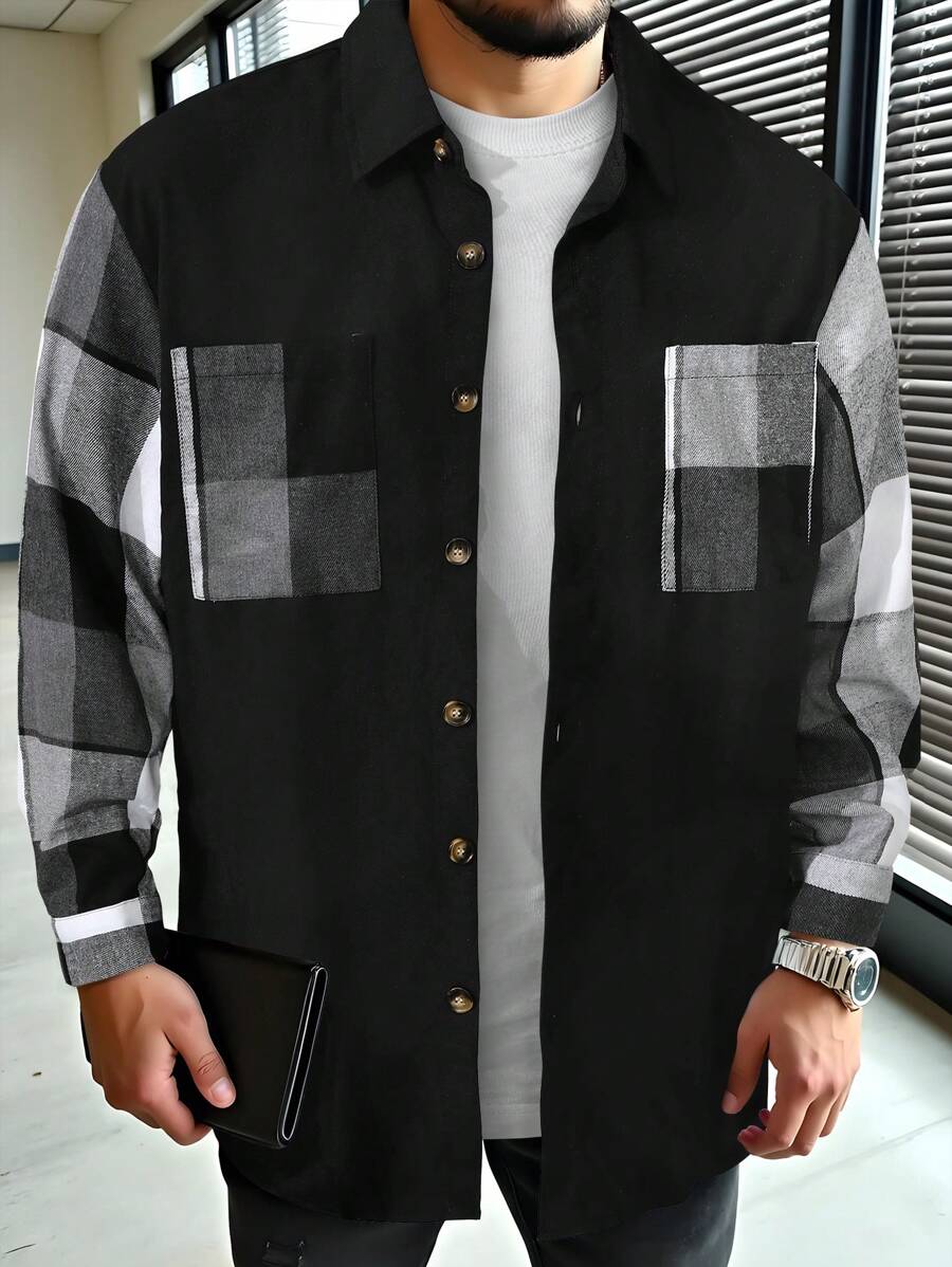 Manfinity Homme Men Front Buttons Solid Color Splicing Long Sleeve Pocket Casual Top - Black and White - View 1