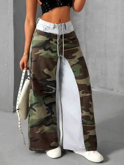 SHEIN ICON Jeans évasés mode femme casual lâche patchwork camouflage