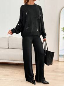 EURMUSE Petite Knitwear Two Piece Pearl Stud Rhinestone Embelished Embroidery Trim Detail Sweater + Sweater Pants Set - Black - View 5