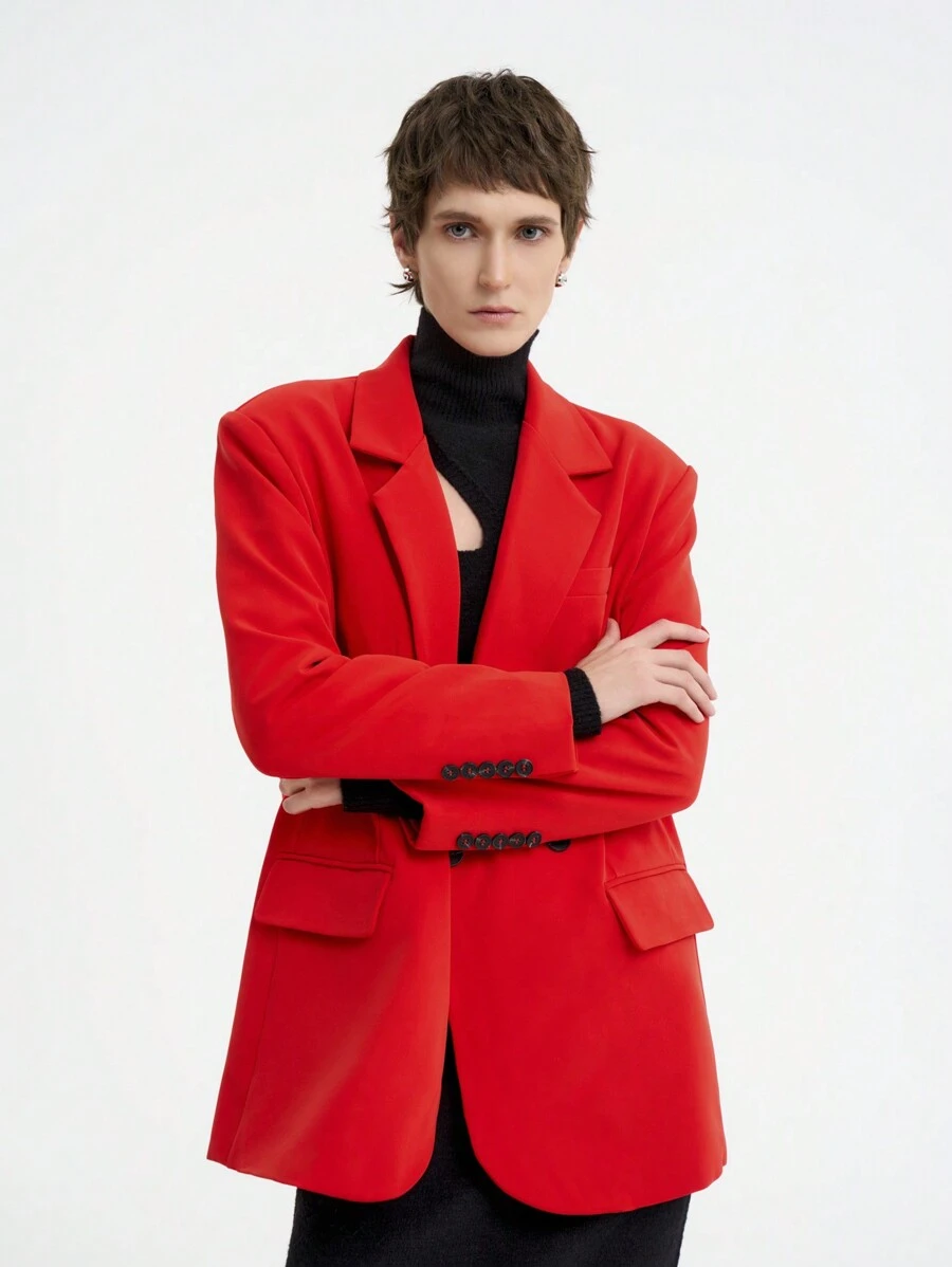 Aalyst Women Winter Going Out, Dating, Party, Valentine's Day, New Year's Christmas Fashion Simple Elegant Woven Red Long Sleeve Lapel Contrast Button Pocket Loose Regular Suit Jacket For New Year Clothes - Red - View 1