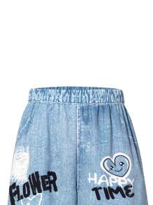 SHEIN Explorewe 3 件套女童服装：连帽运动衫、吊带背心和印花牛仔风格长裤套装 - 黃色 - 查看 3