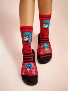 Miraculous Ladybug X SHEIN Cartoon Figure And Polka Dot Print Slippers, Lightweight For Indoor And Outdoor Wear, Spring Shoes, Spring Break Easter For Casual Beach Style