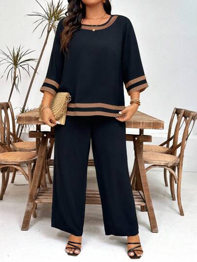 大码纯色拼布圆领长袖上衣和长裤 2 件套