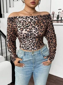 Calvaya Women's Open Shoulder Leopard Print Ruffle Trim Bodycon T-Shirt Graphic Cheetah Print Tees Women Tops