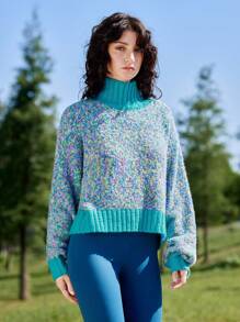 Skyraze Women Blue-Green High Neck Contrast Color Mixed Material Sweater, Knit Top For Winter - Multicolor - View 4