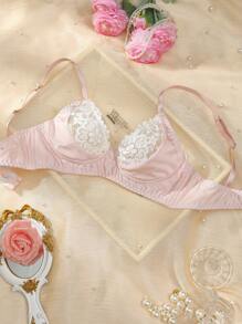 Floral Lace Satin Bralette Bra, Sweet & Elegant In Pink Or White With Bowknot Decor, Women Lingerie - Pink - View 6