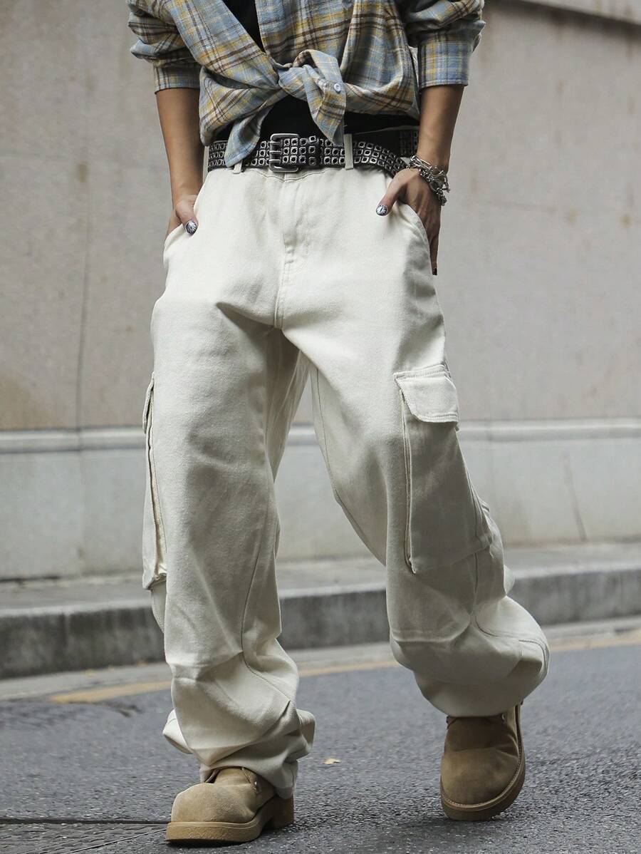 Manfinity EMRG Men's Casual Solid Color Flip Pocket Loose Fit Denim Jeans, Autumn - Apricot - View 1