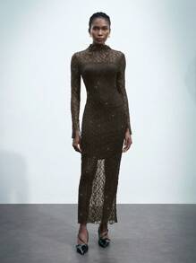 Maija Autumn/Winter New Urban Elegant Holiday Party Daily Casual Lace Midi Sweater Dress, Waisted - Brown - View 7