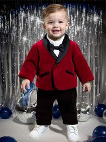 SHEIN 2pcs/Set Baby Boy Burgundy Summer Formal Wedding Guest Suit,Satin British Style Black Collar Jacket & Pants Gentleman Outfit For Birthday Party - Red - View 6